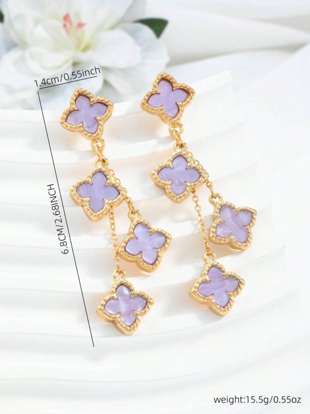 Mauve Purple Elegant Women's Romantic Four-Leaf Clover Dangle Earrings - Picture 2 of 4